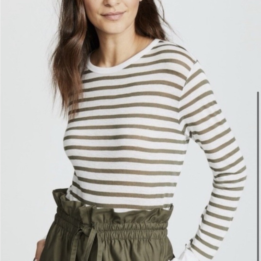 T by Alexander Wang Long-Sleeve Crewneck Top in White and Olive size S